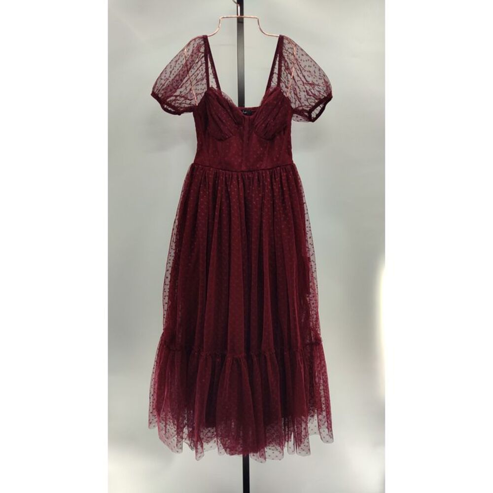 Lulus Sweet Amor Tulle Swiss Dot Tiered Bustier Midi Dress Burgundy S - Picture 2 of 3